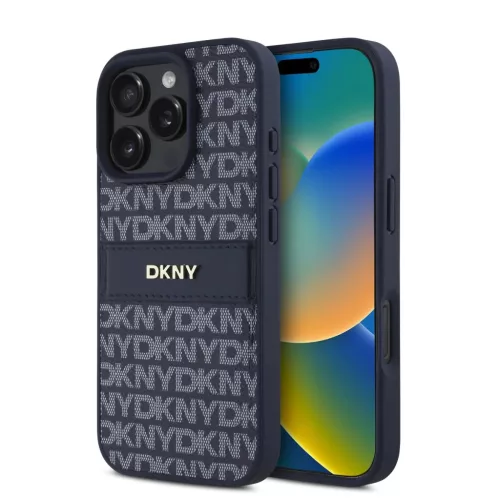 iPhone 16 Pro Kék DKNY PU Bőr Ismétlődő Minta Tonális Csík Tok