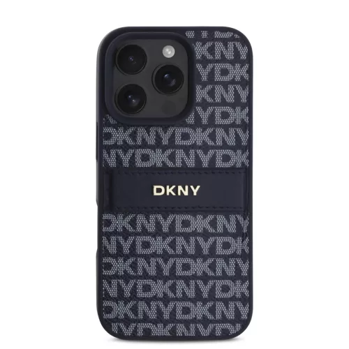 iPhone 16 Pro Kék DKNY PU Bőr Ismétlődő Minta Tonális Csík Tok