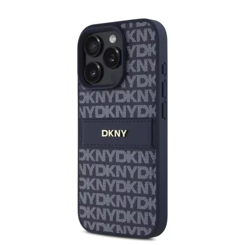 iPhone 16 Pro Kék DKNY PU Bőr Ismétlődő Minta Tonális Csík Tok