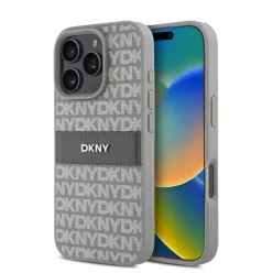   iPhone 16 Pro Bézs DKNY PU Bőr Utánzatmintás Tonális Csíkos Tok