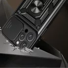 Hibrid Páncél Kamerapajzs iPhone 16 Pro Tok Kameravédővel és Állvány - Fekete