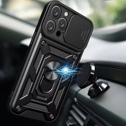 Hibrid Páncél Kamerapajzs iPhone 16 Pro Tok Kameravédővel és Állvány - Fekete