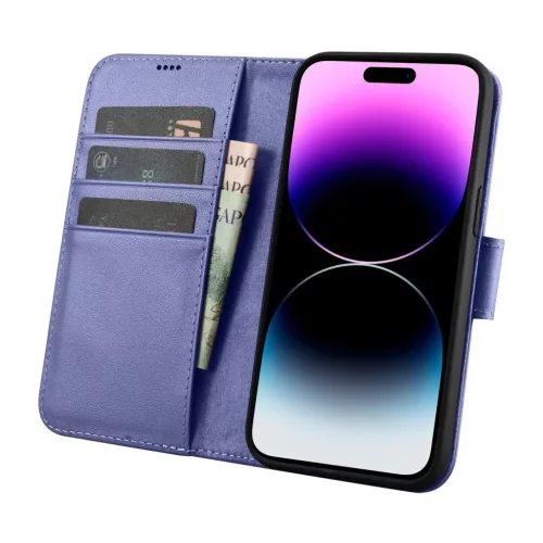 iCarer Wallet Case 2in1 Bőr Fliptok iPhone 14 Pro Max, bőr, Anti-RFID, Világos lila tok