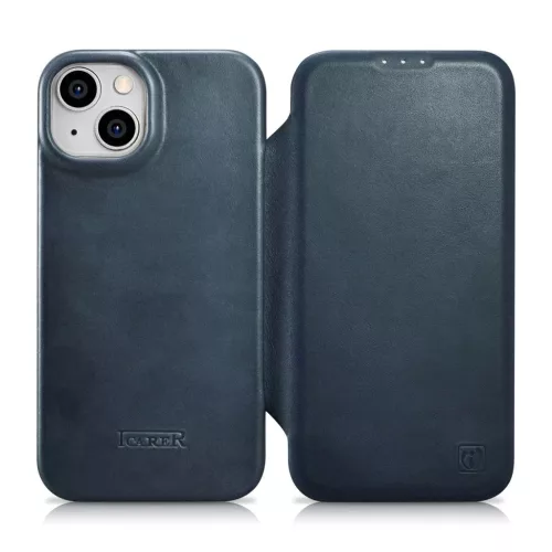 iCarer CE Oil Wax Premium bőr fliptok iPhone 14 Plus mágneses fliptok MagSafe kék (AKI14220707-BU) tok