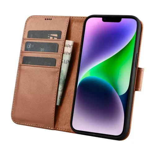 iCarer Pénztárcás Tok 2 az 1-ben Fedél iPhone 14 Plus Anti-RFID Bőr Fliptok Barna