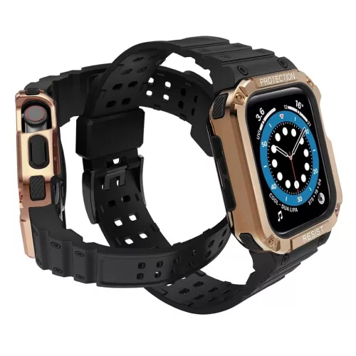 Protect Strap Band csuklópánt és tok Apple Watch 9 / 8 / 7 / 6 / 5 / 4 / 3 / 2 / SE / SE2 (41 / 40 / 38mm) tok Páncélozott borítás karórához Fekete / Rose Gold tok