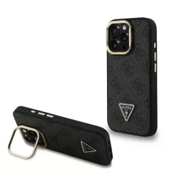   iPhone 16 Pro Fekete Guess PU 4G Strass Triangle Logo Állvány Kamera Keret MagSafe tok