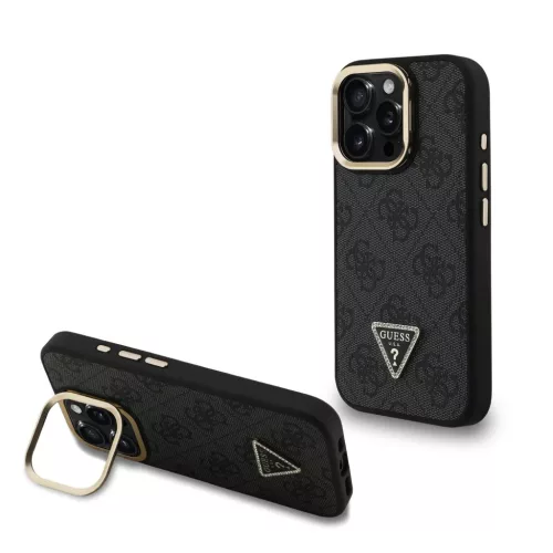 iPhone 16 Pro Fekete Guess PU 4G Strass Triangle Logo Állvány Kamera Keret MagSafe tok