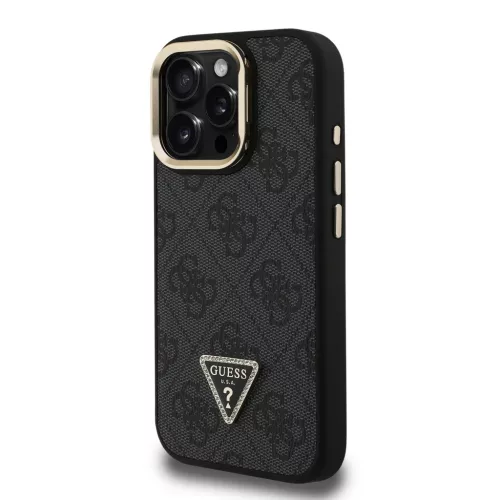 iPhone 16 Pro Fekete Guess PU 4G Strass Triangle Logo Állvány Kamera Keret MagSafe tok