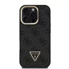 iPhone 16 Pro Fekete Guess PU 4G Strass Triangle Logo Állvány Kamera Keret MagSafe tok