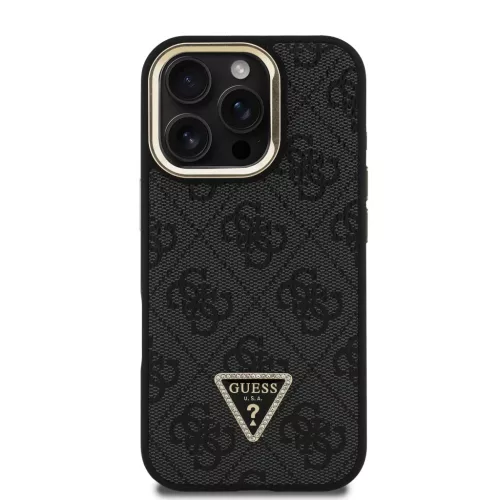 iPhone 16 Pro Fekete Guess PU 4G Strass Triangle Logo Állvány Kamera Keret MagSafe tok