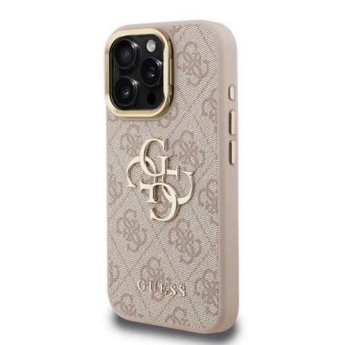 Guess PU 4G Metal Logo Állvány Kamera Keretes Fliptok iPhone 15 Pro Max Pink tok