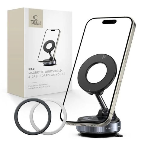 Tech-protect N60 Mágneses Magsafe Szélvédőre és Műszerfalra szerelhető autós tartó Fekete