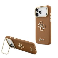   Guess PU Grained 4G Logo Állvány Kamera Keret fliptok iPhone 17 Pro Max Barna