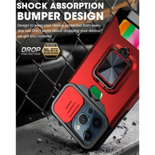 iPhone 13 Pro Max Ring Armor tok kameralencse védővel, kihajtható támasszal, kártyatartóval piros (ip-13-pro-max-ring-armor-red)