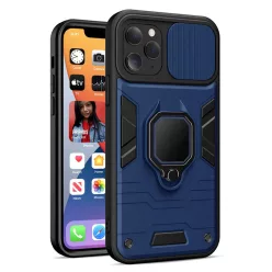   iPhone 13 Pro Max Ring Lens tok kameralencse védővel és kihajtható támasszal sötétkék