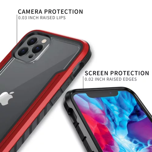 iPhone 13 Pro Max átlátszó TPU Shield tok alumínium kerettel piros ütésálló, anti shock