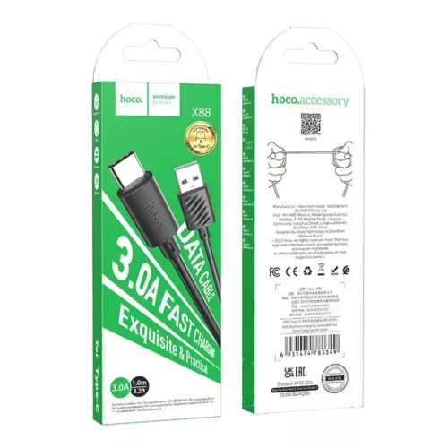 USB-A - USB-C Kábel Hoco X88, 18W, 3A, 1m, Fekete
