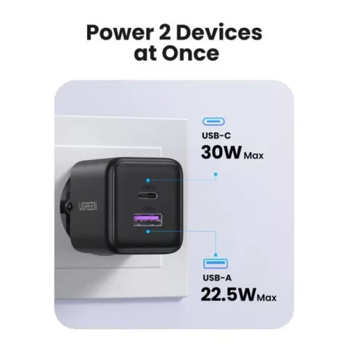 Hálózati töltő UGREEN X516, 30W, 3A, 1 x USB-A - 1 x USB-C, Fekete