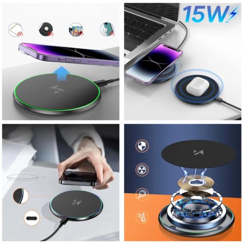 Wozinsky WLI-01Y 15W Qi Induktív Töltő USB-C Kábellel - Fekete