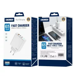   JELLICO hálózati töltő EU20 GaN PD 65W 2xUSB-C + 1xUSB QC3.0 fehér