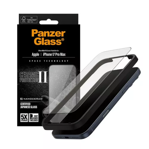 iPhone 17 Pro Max Fekete PanzerGlass® Ultra-Wide Fit Ceramic II Kijelzővédő EasyAligner-rel üvegfólia