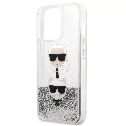 iPhone 13 Pro Max Karl Lagerfeld Liquid Glitter Karl és Choupette Head tok ezüst (KLHCP13XKICGLS)