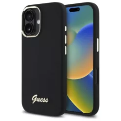   iPhone 16 fekete kemény tok Guess Silicone Script Metal Logo & Frame