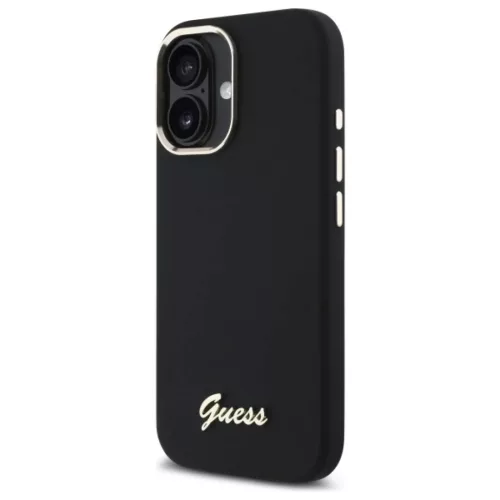 iPhone 16 fekete kemény tok Guess Silicone Script Metal Logo & Frame