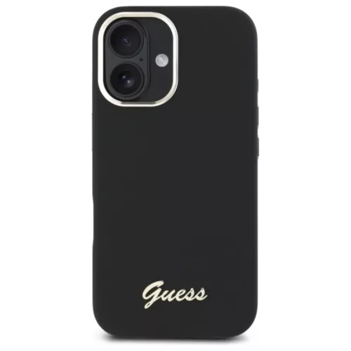iPhone 16 fekete kemény tok Guess Silicone Script Metal Logo & Frame