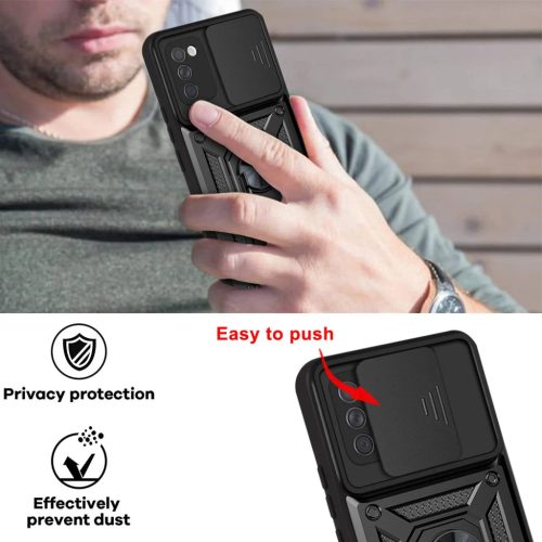 Samsung Galaxy A03s TPU tok kameralencse védővel, kihajtható mágneses támasszal rózsaszín Alphajack