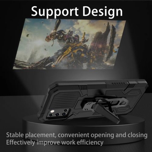 Samsung Galaxy A03s fokozott védelmet biztosító TPU tok kihajtható mágneses támasszal fekete Alphajack (PROTECTION-1)