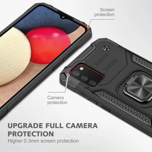 Samsung Galaxy A03s fokozott védelmet biztosító TPU tok kihajtható mágneses támasszal fekete Alphajack (PROTECTION-2)