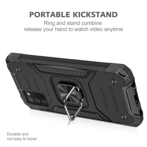 Samsung Galaxy A03s fokozott védelmet biztosító TPU tok kihajtható mágneses támasszal fekete Alphajack (PROTECTION-2)