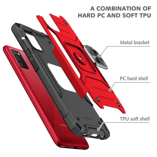 Samsung Galaxy A03s fokozott védelmet biztosító TPU tok kihajtható mágneses támasszal piros Alphajack (PROTECTION-2)