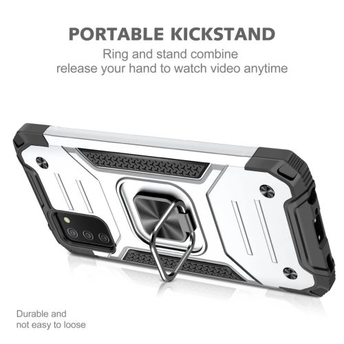 Samsung Galaxy A03s fokozott védelmet biztosító TPU tok kihajtható mágneses támasszal ezüst Alphajack (PROTECTION-2)