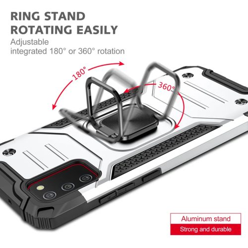 Samsung Galaxy A03s fokozott védelmet biztosító TPU tok kihajtható mágneses támasszal ezüst Alphajack (PROTECTION-2)