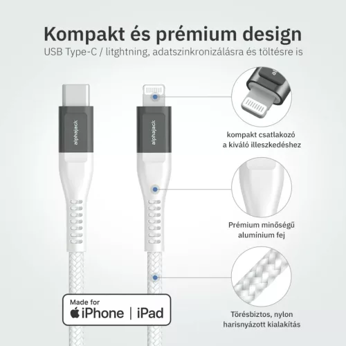 Lightning iPhone kábel 1.5m Type-C fejjel MFi Alphajack (CL15-WG) fehér/szürke