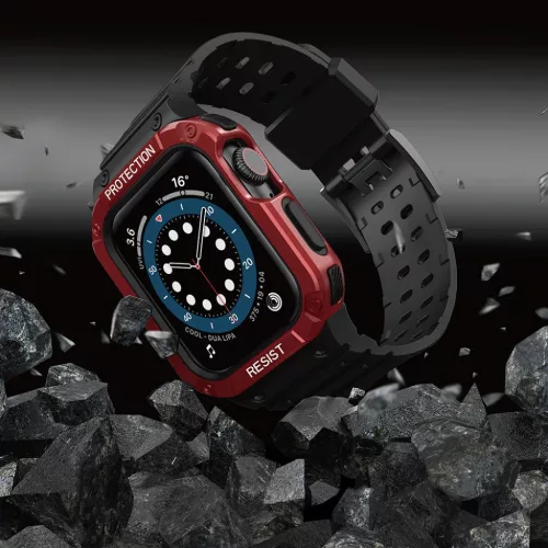 Apple Watch 8/7/6/5/4/3/2 / SE (41/40 / 38mm) Armored Óraszíj és Tok Fekete / Piros