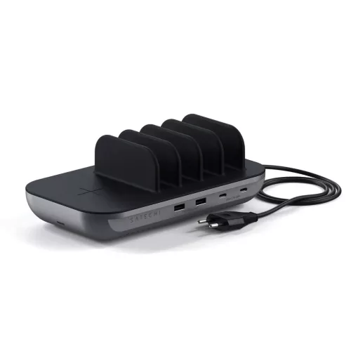 Satechi Dock 5 foglalatos USB dokkoló, töltőállomás (2xUSB-C PD 20 W, 2x USB-A 12W, vezeték nélküli töltő) (ST-WCS5PM-EU)