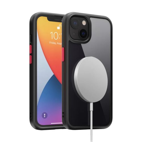 iPhone 14 Plus átlátszó TPU tok edzett üveg hátlappal, fekete kerettel Alphajack