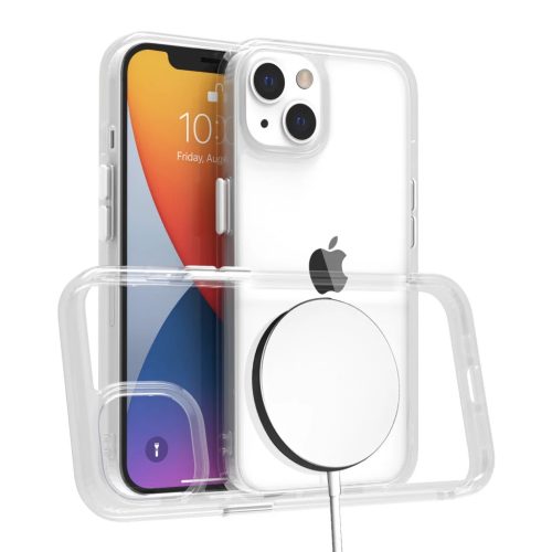 iPhone 14 Plus átlátszó TPU tok edzett üveg hátlappal, fehér kerettel Alphajack