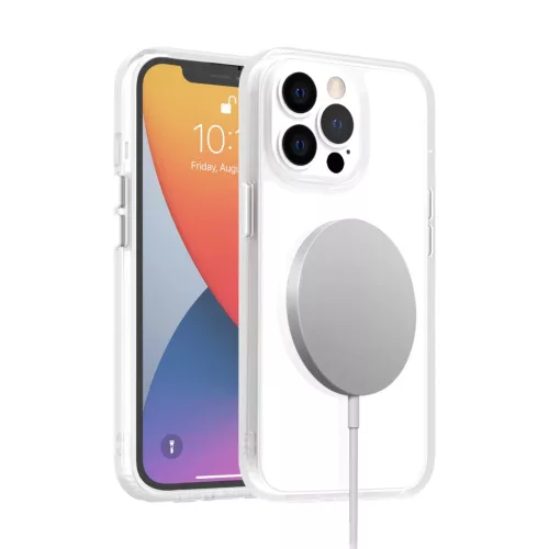 iPhone 14 Pro Max átlátszó TPU tok edzett üveg hátlappal, fehér kerettel Alphajack