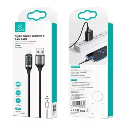 USAMS U78 lightning kábel 1,2 m LED kijelzővel 2,4 A gyorstöltés fekete (US-SJ543)