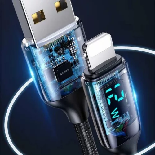 USAMS U78 lightning kábel 1,2 m LED kijelzővel 2,4 A gyorstöltés fekete (US-SJ543)