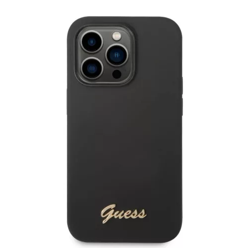 iPhone 14 Pro Max Guess Liquid Silicone Metal Logo tok fekete (GUHCP14XSLSMK)