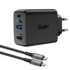 Acefast 2 az 1-ben hálózati töltő adapter GaN 65W USB Type C / USB, HDMI adapter 4K@60Hz + USB Type C kábel 1.8m, fekete (A17)