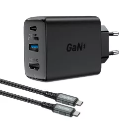   Acefast 2 az 1-ben hálózati töltő adapter GaN 65W USB Type C / USB, HDMI adapter 4K@60Hz + USB Type C kábel 1.8m, fekete (A17)