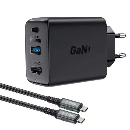 Acefast 2 az 1-ben hálózati töltő adapter GaN 65W USB Type C / USB, HDMI adapter 4K@60Hz + USB Type C kábel 1.8m, fekete (A17)