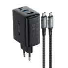 Acefast 2 az 1-ben hálózati töltő adapter GaN 65W USB Type C / USB, HDMI adapter 4K@60Hz + USB Type C kábel 1.8m, fekete (A17)